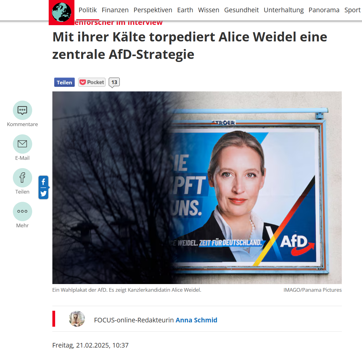 Interview im Focus: "Mit ihrer Kälte torpediert Alice Weidel eine zentrale AfD-Strategie"